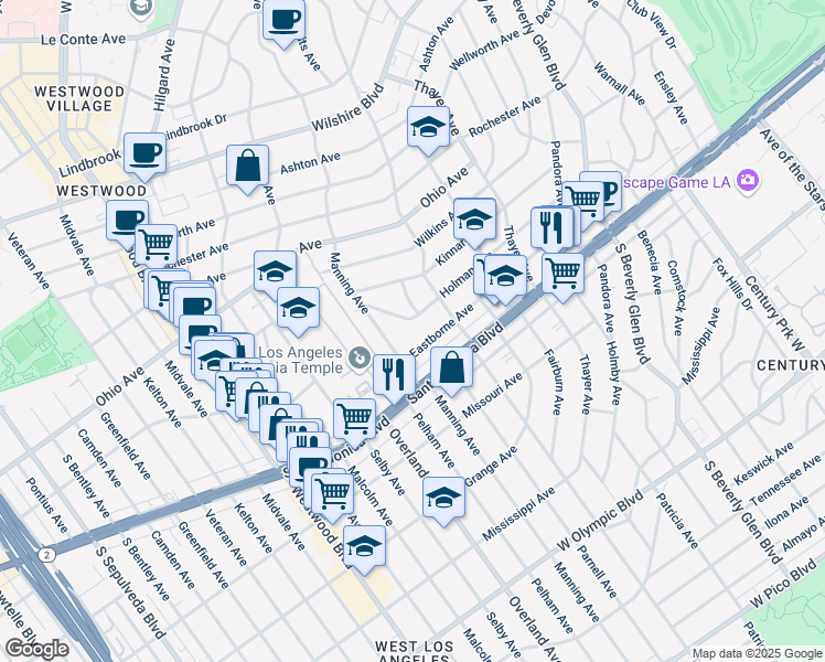 map of restaurants, bars, coffee shops, grocery stores, and more near 10660 Holman Avenue in Los Angeles