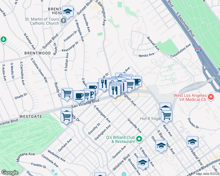 map of restaurants, bars, coffee shops, grocery stores, and more near 11706 Montana Avenue in Los Angeles