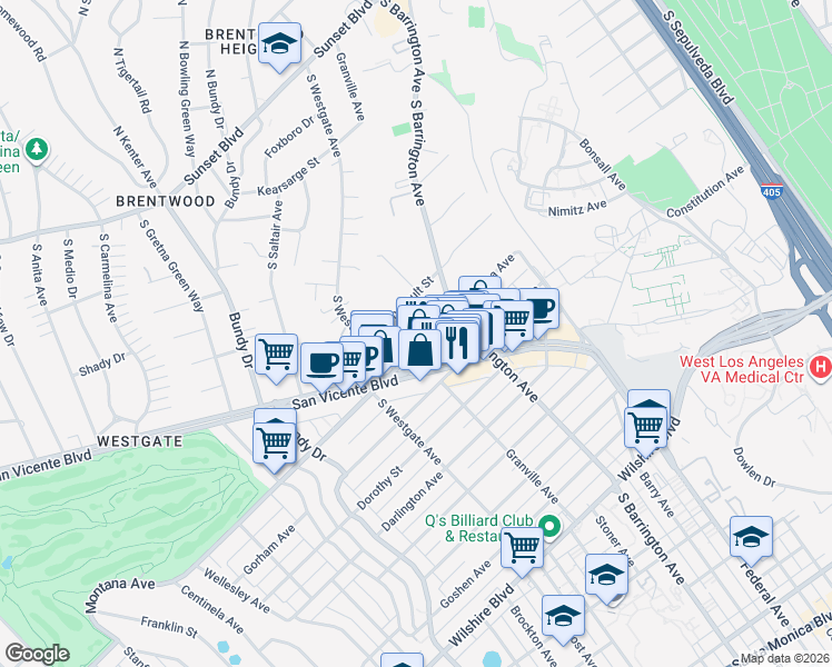 map of restaurants, bars, coffee shops, grocery stores, and more near 11733 Montana Avenue in Los Angeles