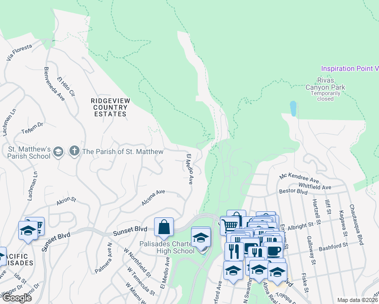 map of restaurants, bars, coffee shops, grocery stores, and more near 1122 El Medio Avenue in Los Angeles