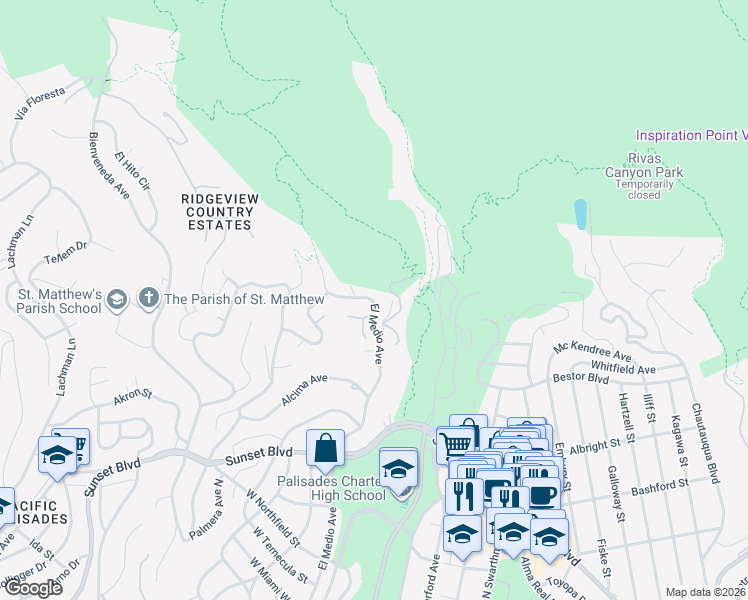 map of restaurants, bars, coffee shops, grocery stores, and more near 1122 El Medio Avenue in Los Angeles