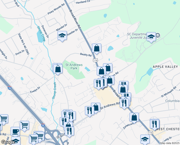map of restaurants, bars, coffee shops, grocery stores, and more near 139 Connie Drive in Columbia