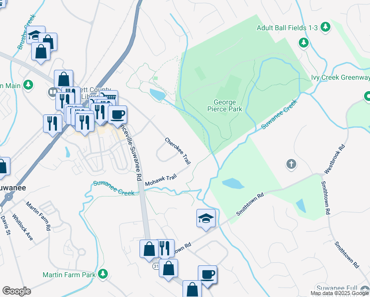 map of restaurants, bars, coffee shops, grocery stores, and more near 3781 Cherokee Trail in Suwanee