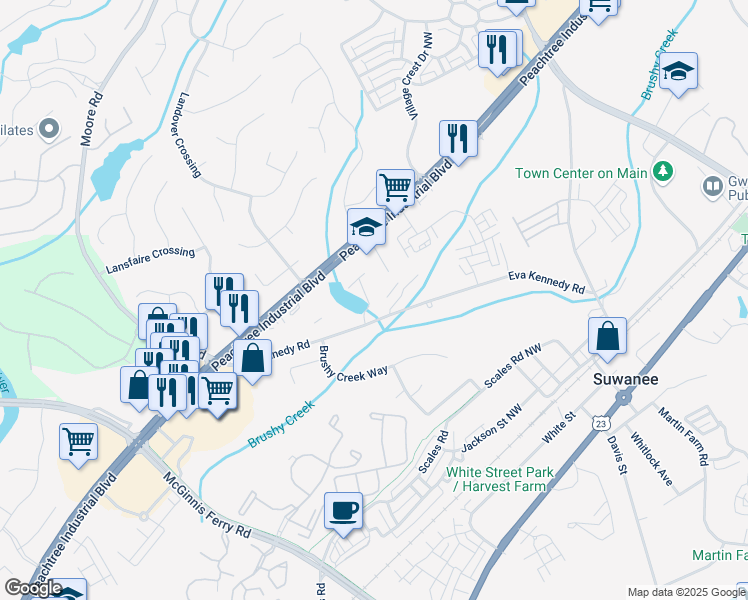 map of restaurants, bars, coffee shops, grocery stores, and more near 2072 Harvest Pond Circle in Suwanee