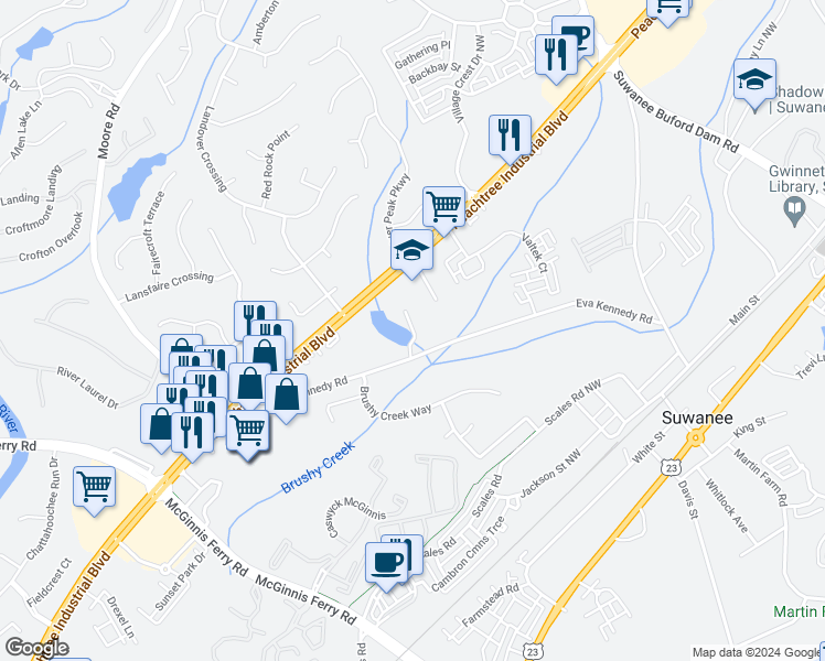 map of restaurants, bars, coffee shops, grocery stores, and more near 4164 Silver Peak Parkway in Suwanee