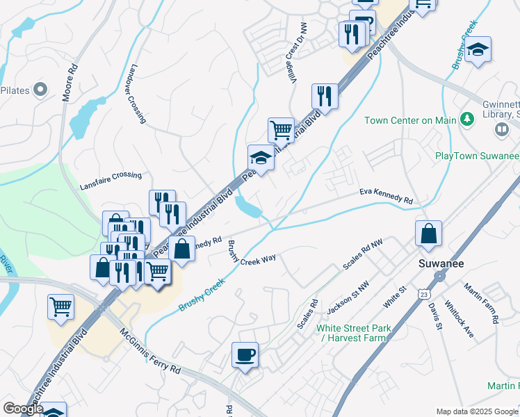 map of restaurants, bars, coffee shops, grocery stores, and more near 2079 Harvest Pond Circle in Suwanee