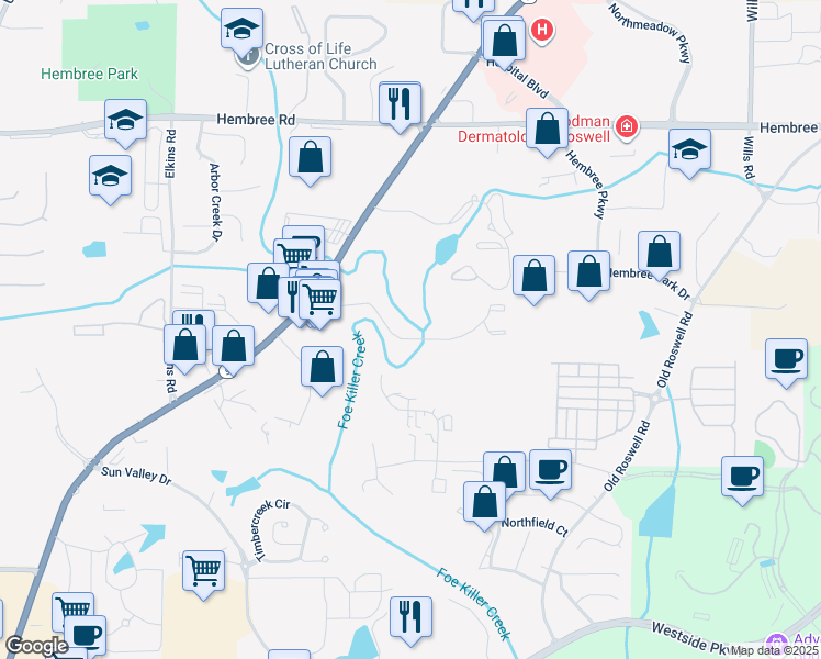 map of restaurants, bars, coffee shops, grocery stores, and more near 11251 Georgia 9 in Roswell