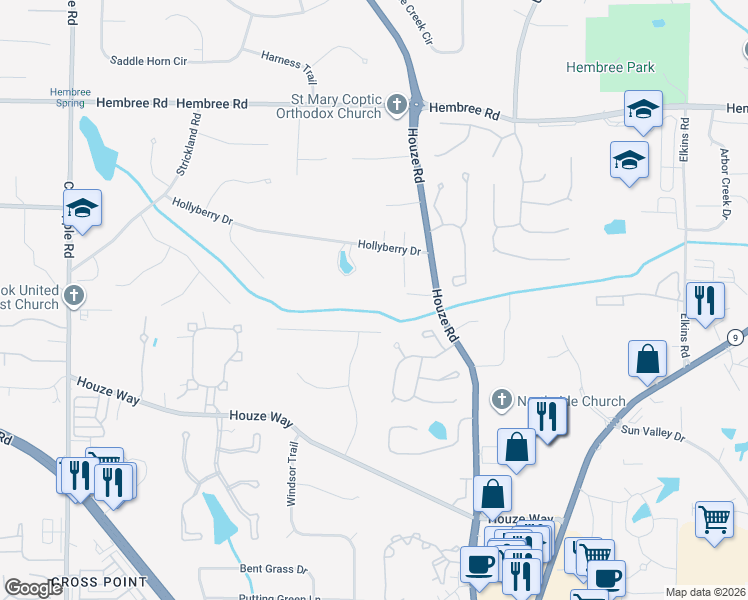 map of restaurants, bars, coffee shops, grocery stores, and more near 11260 Houze Road in Roswell