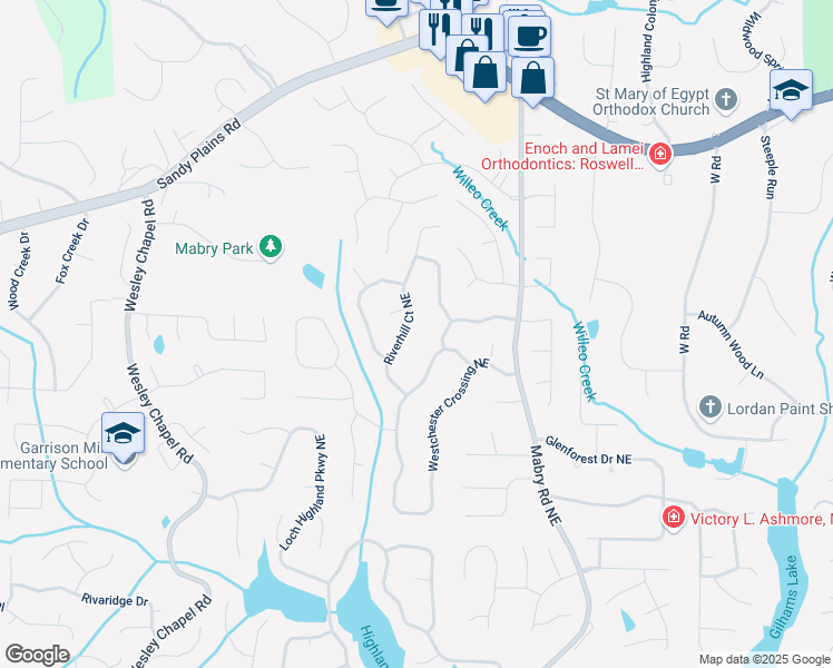 map of restaurants, bars, coffee shops, grocery stores, and more near 4166 Riverhill Court Northeast in Roswell