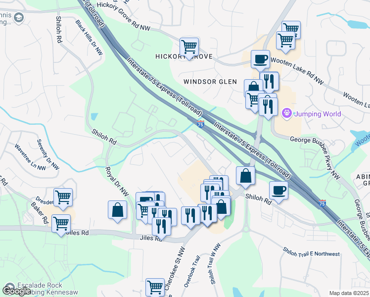 map of restaurants, bars, coffee shops, grocery stores, and more near 1703 Bentridge Drive in Kennesaw
