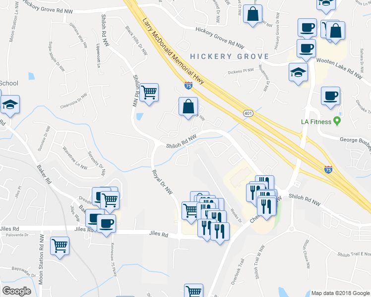 map of restaurants, bars, coffee shops, grocery stores, and more near 4210 Royal Regency Circle in Kennesaw