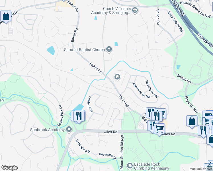 map of restaurants, bars, coffee shops, grocery stores, and more near 2280 Baker Station Drive in Acworth