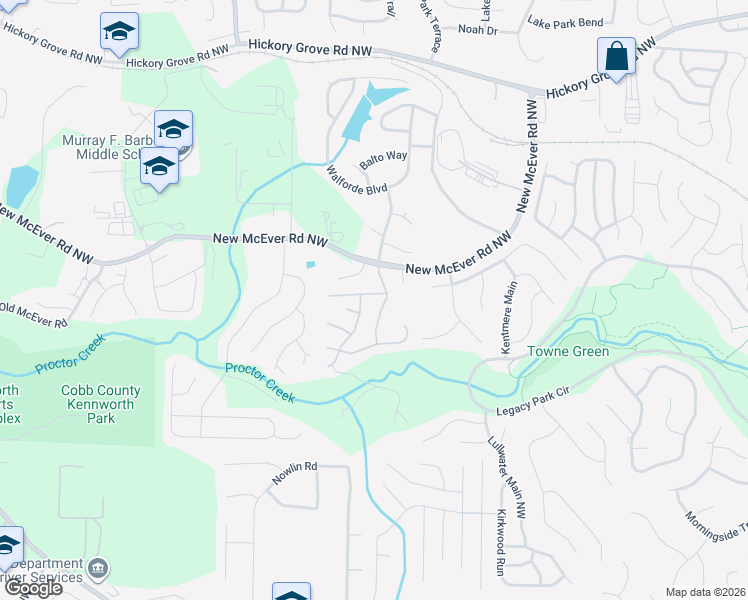 map of restaurants, bars, coffee shops, grocery stores, and more near 3203 McEver Woods Trail in Acworth