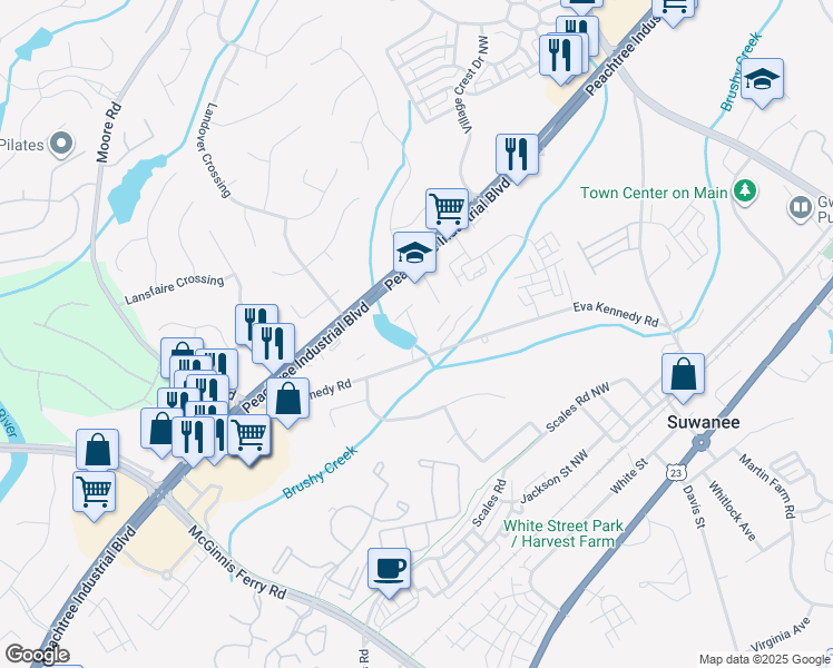 map of restaurants, bars, coffee shops, grocery stores, and more near 4164 Silver Peak Parkway in Suwanee