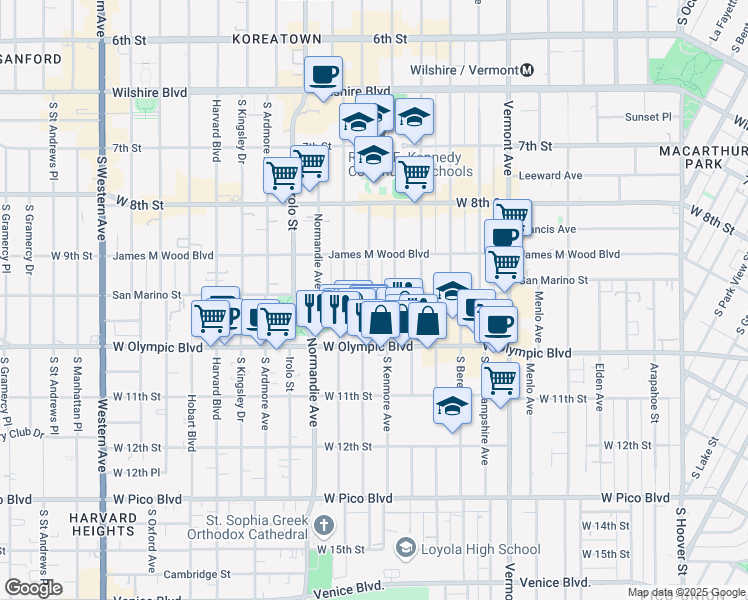 map of restaurants, bars, coffee shops, grocery stores, and more near 3096 San Marino Street in Los Angeles