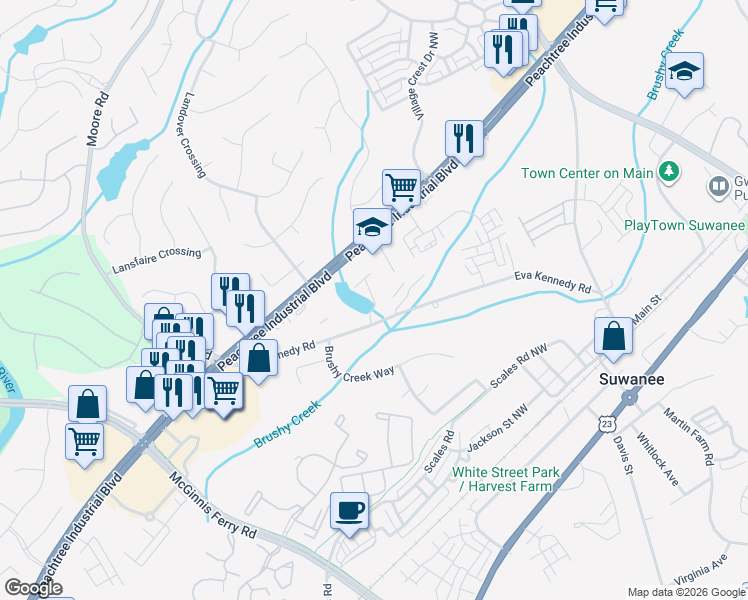 map of restaurants, bars, coffee shops, grocery stores, and more near 4164 Silver Peak Parkway in Suwanee