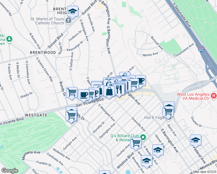 map of restaurants, bars, coffee shops, grocery stores, and more near 11745 Montana Avenue in Los Angeles