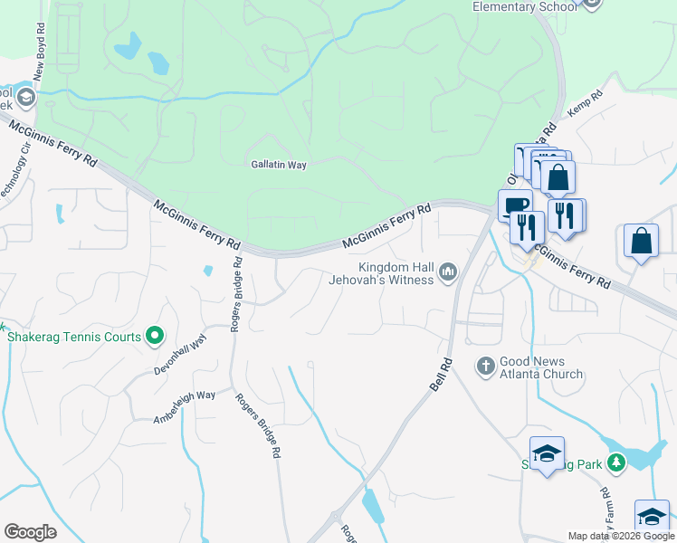 map of restaurants, bars, coffee shops, grocery stores, and more near 7490 Brookstead Crossing in Duluth