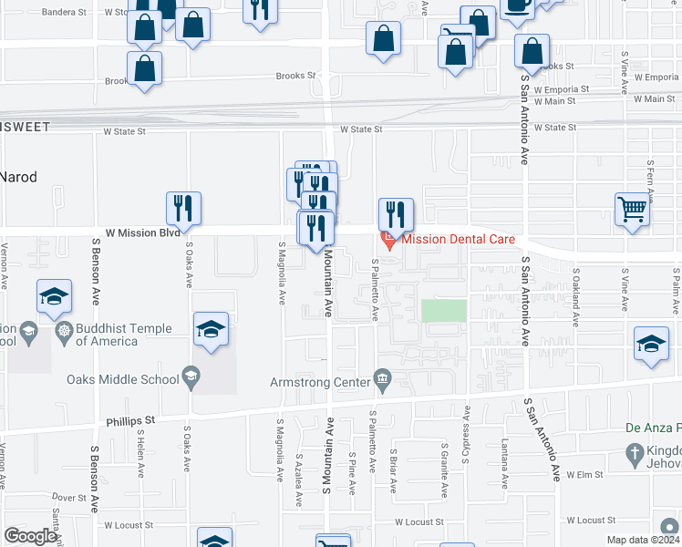 map of restaurants, bars, coffee shops, grocery stores, and more near 851 South Mountain Avenue in Ontario