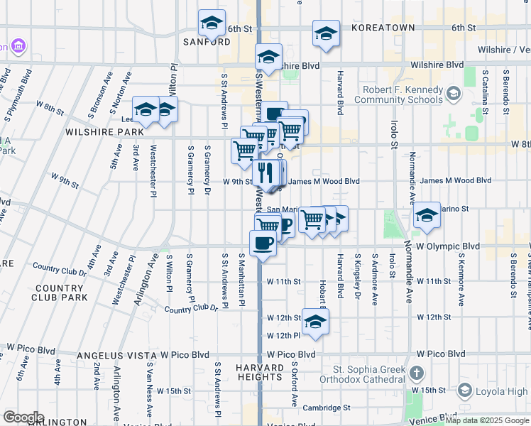 map of restaurants, bars, coffee shops, grocery stores, and more near 940 South Western Avenue in Los Angeles
