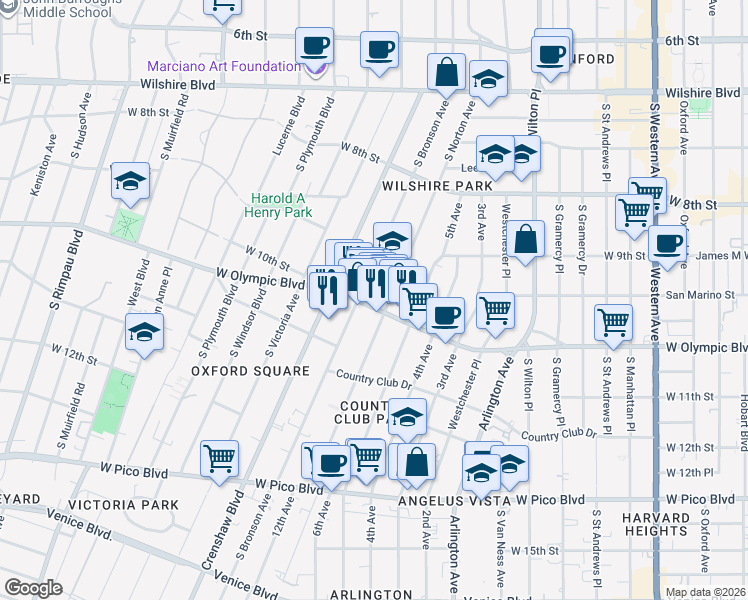 map of restaurants, bars, coffee shops, grocery stores, and more near 4015 West Olympic Boulevard in Los Angeles