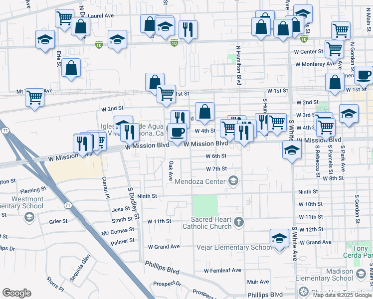 map of restaurants, bars, coffee shops, grocery stores, and more near 1300 West Mission Boulevard in Pomona