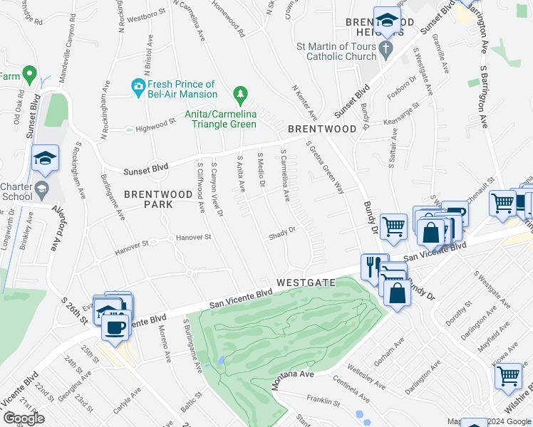 map of restaurants, bars, coffee shops, grocery stores, and more near 223 South Medio Drive in Los Angeles