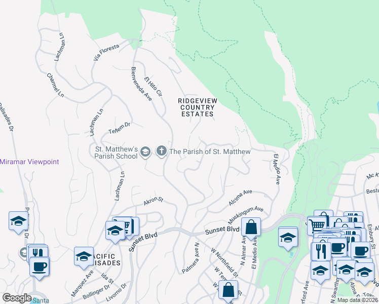 map of restaurants, bars, coffee shops, grocery stores, and more near 1175 Las Pulgas Place in Los Angeles