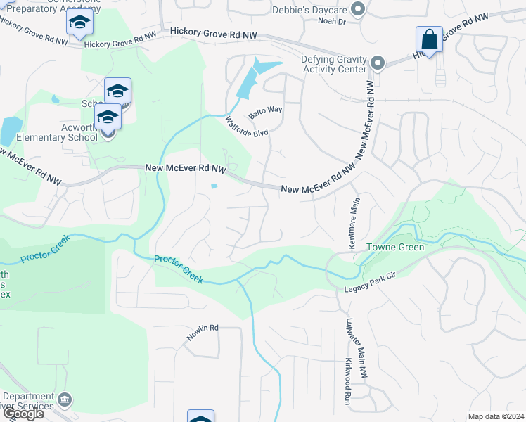 map of restaurants, bars, coffee shops, grocery stores, and more near 3201 McEver Woods Trail in Acworth