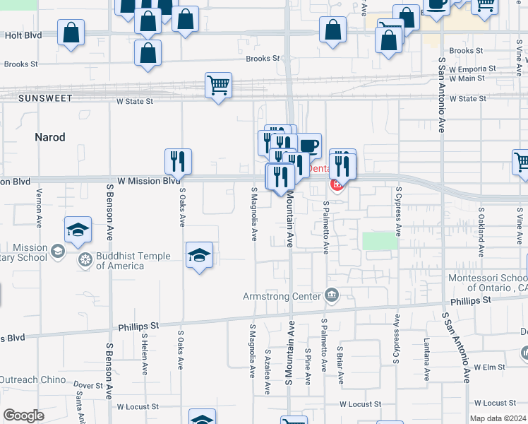 map of restaurants, bars, coffee shops, grocery stores, and more near 851 South Mountain Avenue in Ontario
