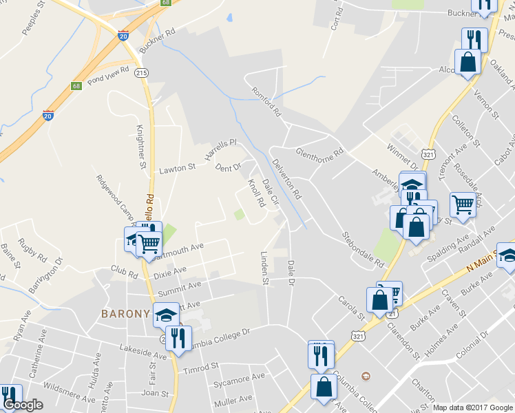 map of restaurants, bars, coffee shops, grocery stores, and more near 5415 Knoll Road in Columbia