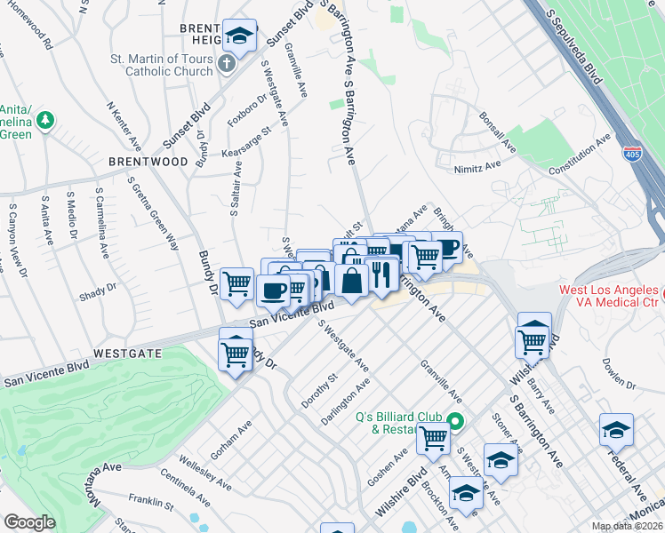 map of restaurants, bars, coffee shops, grocery stores, and more near 11776 Chenault Street in Los Angeles