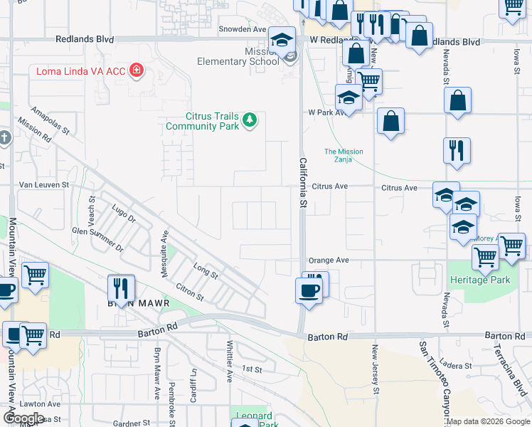 map of restaurants, bars, coffee shops, grocery stores, and more near 10994 Roble Street in Loma Linda