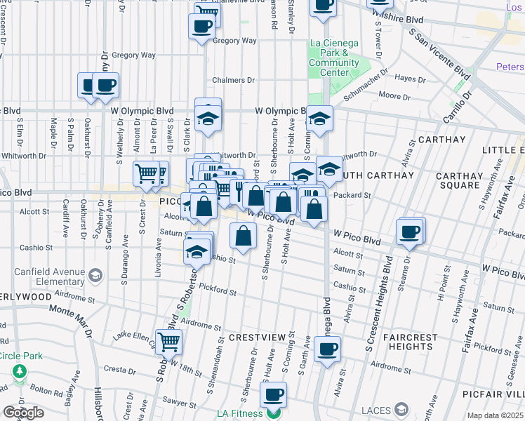 map of restaurants, bars, coffee shops, grocery stores, and more near 8647 West Pico Boulevard in Los Angeles