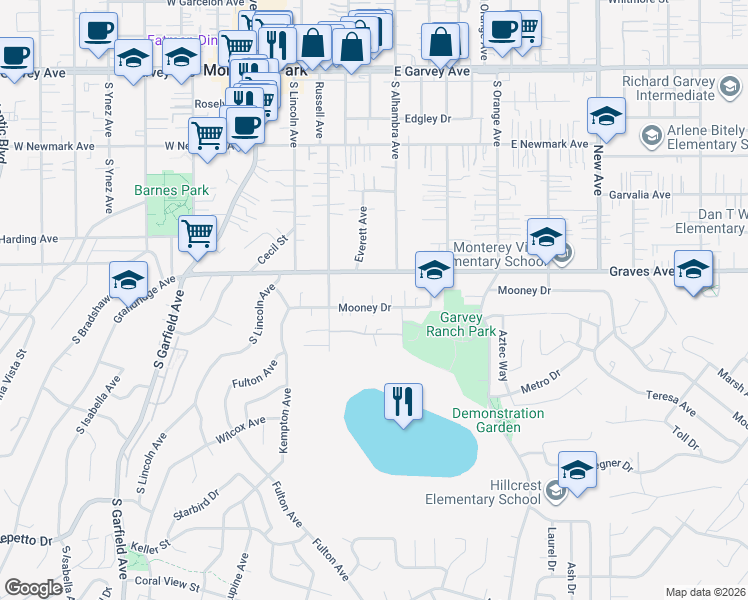 map of restaurants, bars, coffee shops, grocery stores, and more near 349 Mooney Drive in Monterey Park