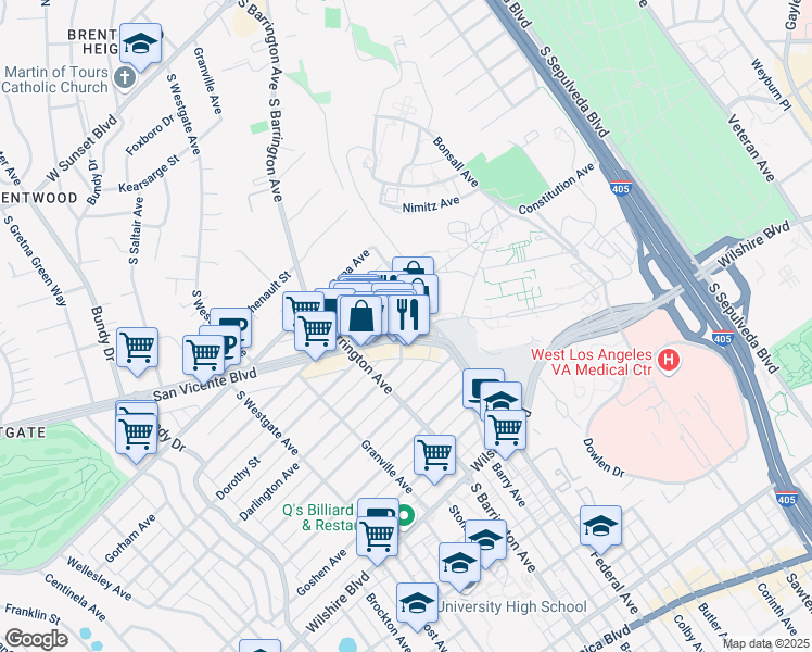 map of restaurants, bars, coffee shops, grocery stores, and more near 11647 Gorham Place in Los Angeles
