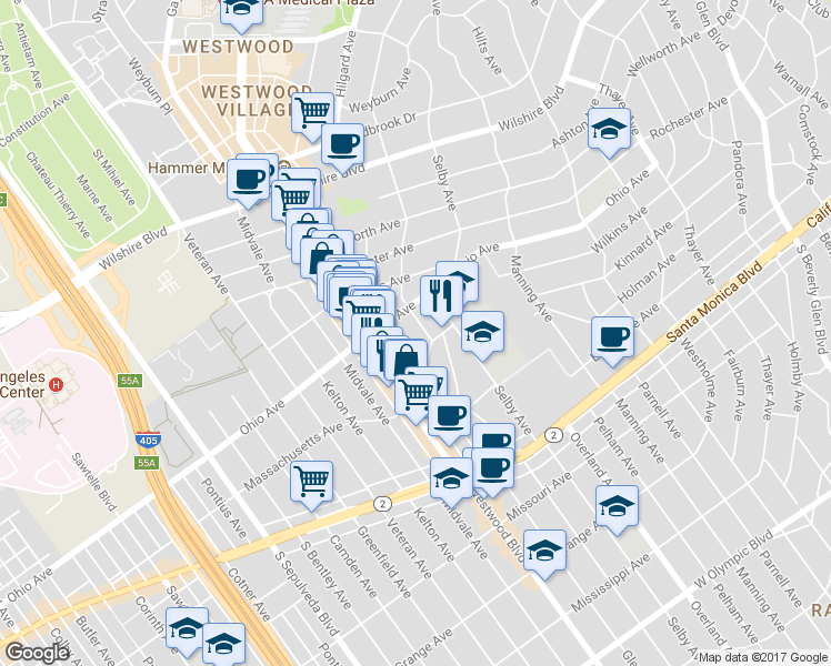 map of restaurants, bars, coffee shops, grocery stores, and more near 1527 Malcolm Avenue in Los Angeles
