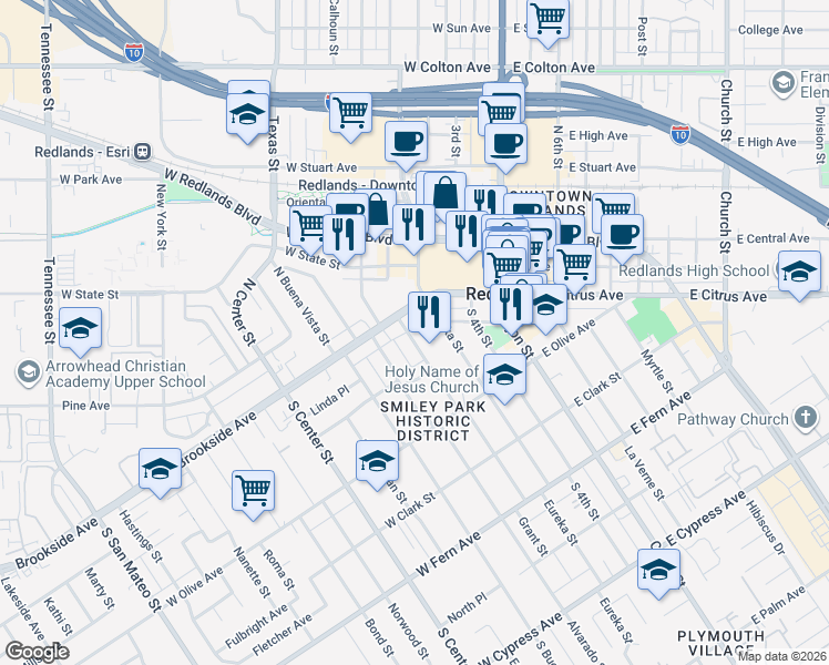map of restaurants, bars, coffee shops, grocery stores, and more near 7 Grant Street in Redlands