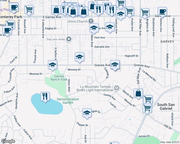 map of restaurants, bars, coffee shops, grocery stores, and more near 1014 Mooney Drive in Monterey Park