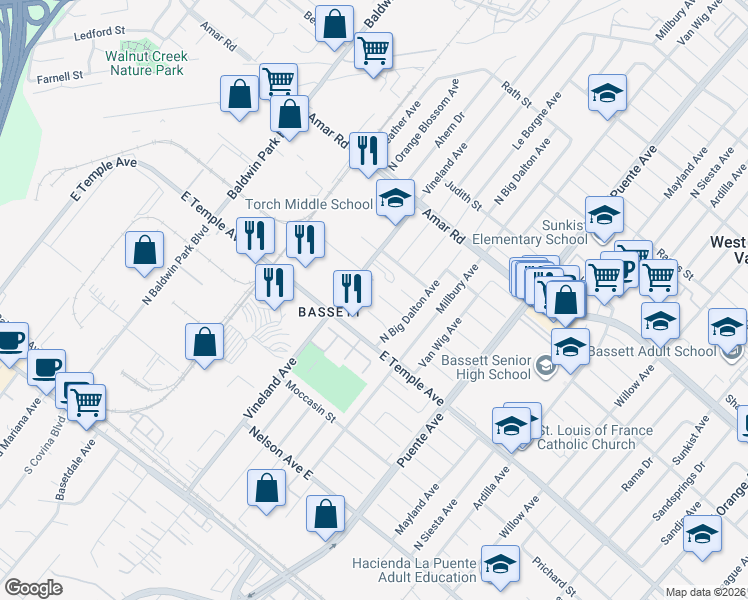 map of restaurants, bars, coffee shops, grocery stores, and more near 13434 Hutchcroft Street in La Puente