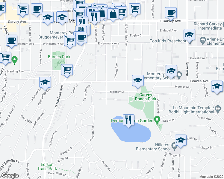 map of restaurants, bars, coffee shops, grocery stores, and more near 319 Mooney Drive in Monterey Park
