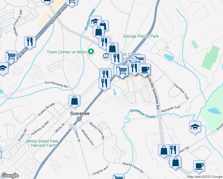 map of restaurants, bars, coffee shops, grocery stores, and more near 402 U.S. 23 in Suwanee