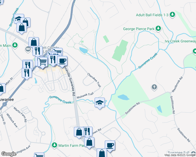 map of restaurants, bars, coffee shops, grocery stores, and more near 3781 Cherokee Trail in Suwanee