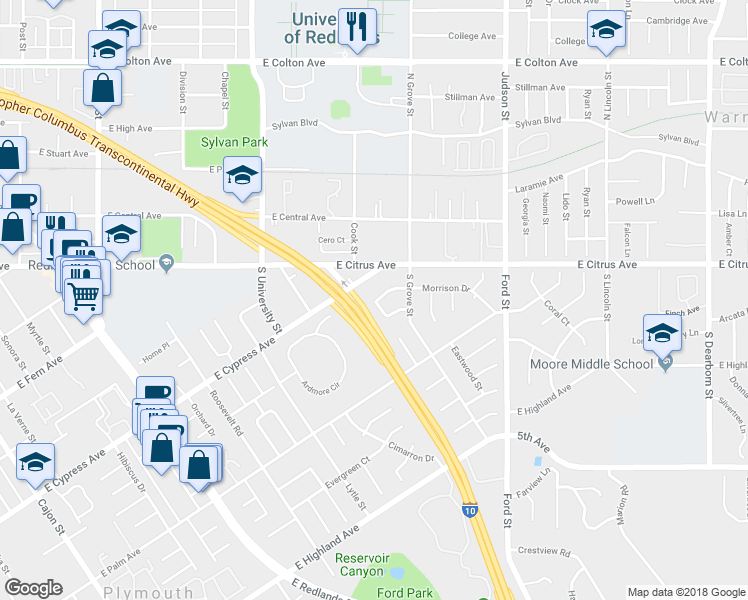map of restaurants, bars, coffee shops, grocery stores, and more near 1233 Morisson Drive in Redlands
