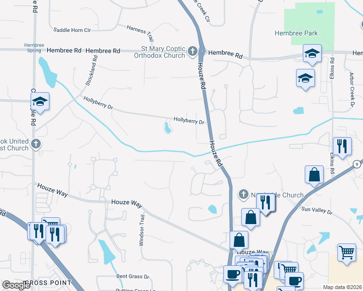 map of restaurants, bars, coffee shops, grocery stores, and more near 11260 Houze Road in Roswell