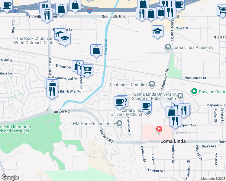 map of restaurants, bars, coffee shops, grocery stores, and more near 10982 Rincon Street in Loma Linda
