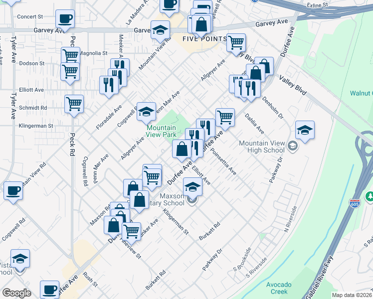 map of restaurants, bars, coffee shops, grocery stores, and more near 12249 Mirasol Loop in El Monte