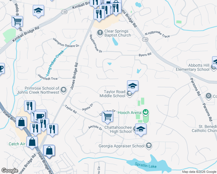 map of restaurants, bars, coffee shops, grocery stores, and more near 200 Pine Bridge Trail in Alpharetta