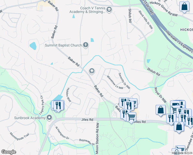 map of restaurants, bars, coffee shops, grocery stores, and more near 3843 Sunview Drive Northwest in Acworth