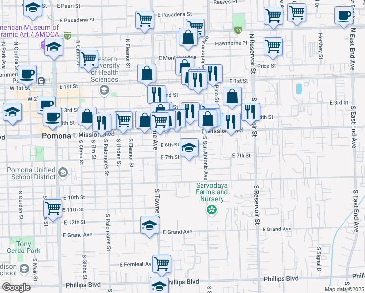 map of restaurants, bars, coffee shops, grocery stores, and more near 902 East 6th Street in Pomona